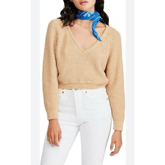 Free People Sweaters - Free People- Camel Cotton V Neck Cropped Sweater- Size Large